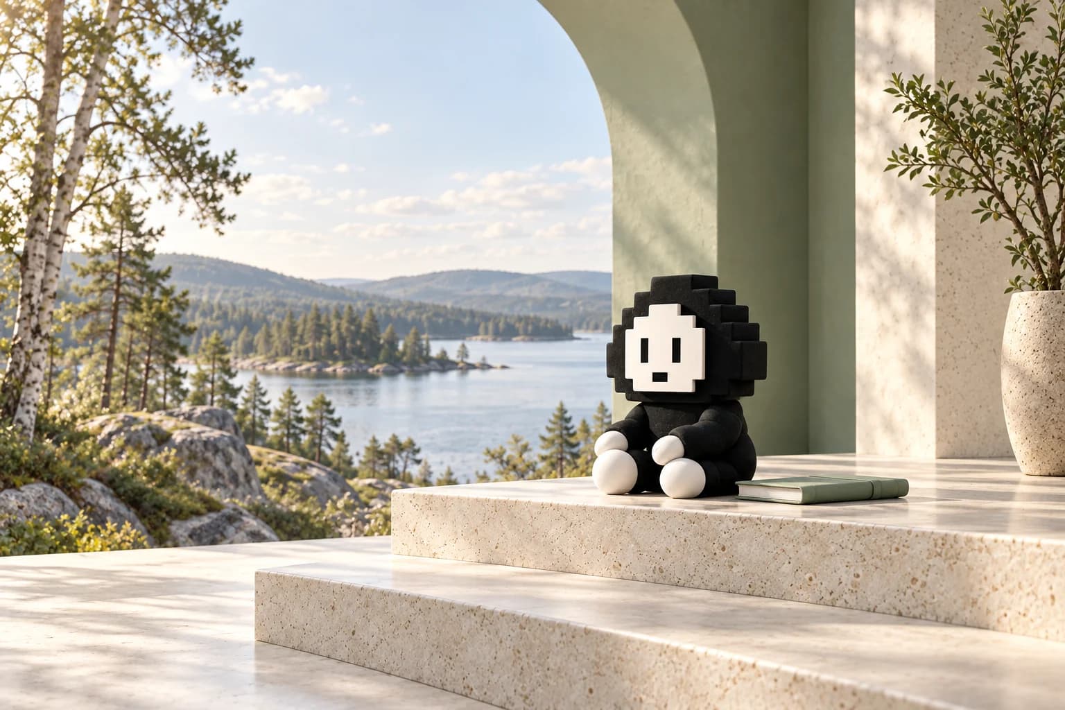 Vero sits in a warm architectural doorway opening onto a quiet lake and green landscape.