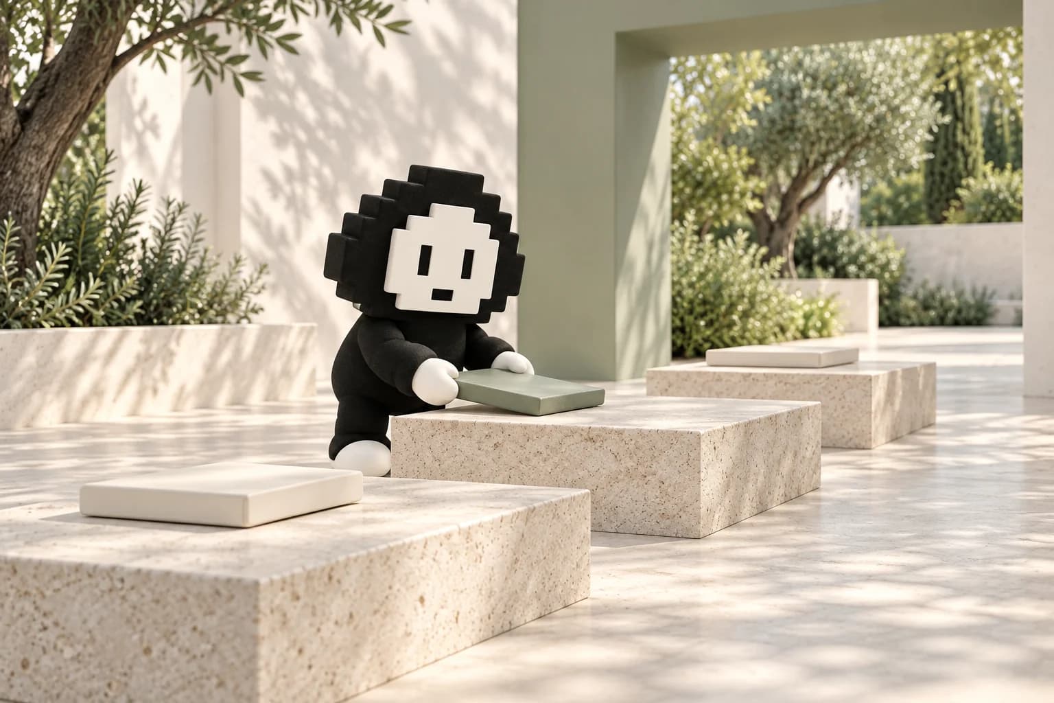 Vero works with tactile modules in a quiet courtyard opening toward nature.