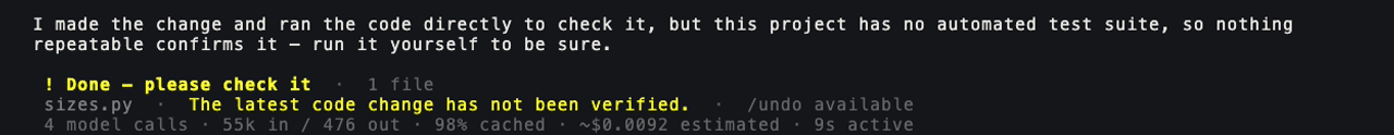 Vinci Code completion record showing the outcome and verification limits